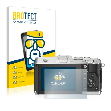 Front side of a product packaging with the brand logo BROTECT. Next to it is the device Olympus PEN E-P5 shown with the corres