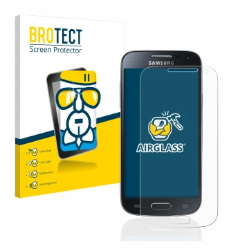 Front side of a product packaging with the brand logo BROTECT. Next to it is the device Samsung Galaxy S4 Mini shown with the 