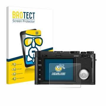 Front side of a product packaging with the brand logo BROTECT. Next to it is the device Leica X Vario shown with the correspon