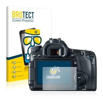 Front side of a product packaging with the brand logo BROTECT. Next to it is the device Canon EOS 70D shown with the correspon