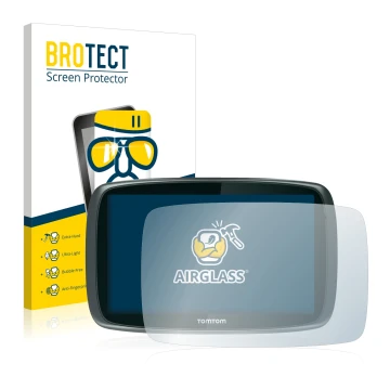 Front side of a product packaging with the brand logo BROTECT. Next to it is the device TomTom GO 6000 shown with the correspo