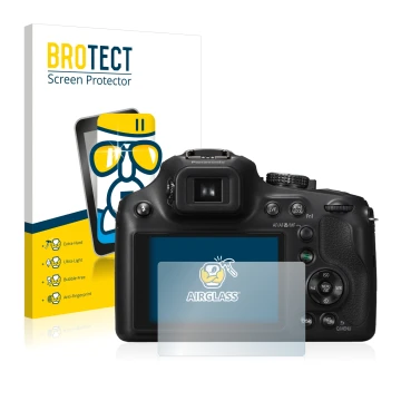 Front side of a product packaging with the brand logo BROTECT. Next to it is the device Panasonic Lumix DMC-FZ72 shown with th