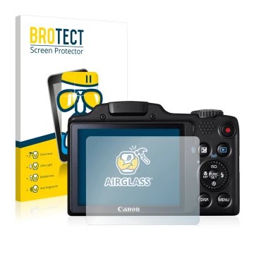 Front side of a product packaging with the brand logo BROTECT. Next to it is the device Canon PowerShot SX510 HS shown with th