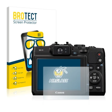 Front side of a product packaging with the brand logo BROTECT. Next to it is the device Canon PowerShot G16 shown with the cor