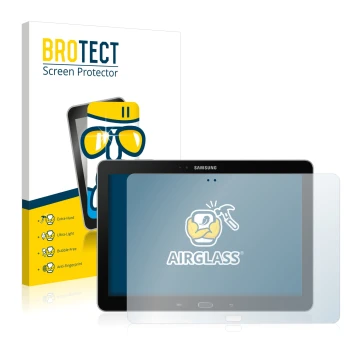 Front side of a product packaging with the brand logo BROTECT. Next to it is the device Samsung Galaxy Note 10.1 2014 Edition 