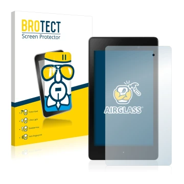 Front side of a product packaging with the brand logo BROTECT. Next to it is the device ASUS Nexus 7 Tablet 2 2013 shown with 