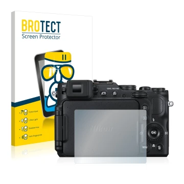 Front side of a product packaging with the brand logo BROTECT. Next to it is the device Nikon Coolpix P7800 shown with the cor