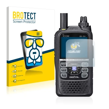 Front side of a product packaging with the brand logo BROTECT. Next to it is the device Icom ID-51 shown with the correspondin