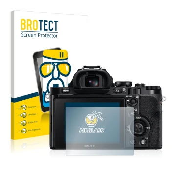 Front side of a product packaging with the brand logo BROTECT. Next to it is the device Sony Alpha 7 (ILCE-7) shown with the c