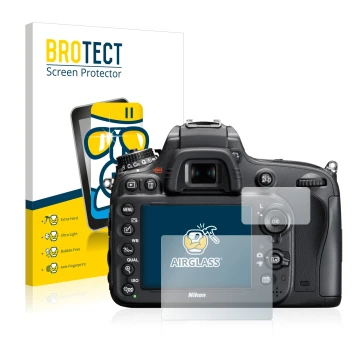Front side of a product packaging with the brand logo BROTECT. Next to it is the device Nikon D610 shown with the correspondin