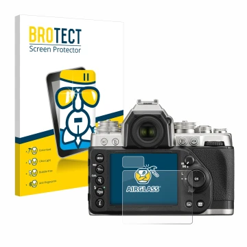 Front side of a product packaging with the brand logo BROTECT. Next to it is the device Nikon Df shown with the corresponding 