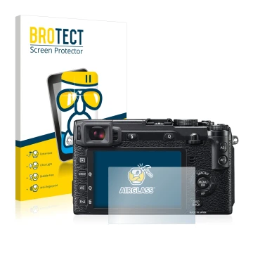 Front side of a product packaging with the brand logo BROTECT. Next to it is the device Fujifilm X-E2 shown with the correspon