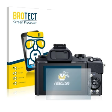 Front side of a product packaging with the brand logo BROTECT. Next to it is the device Olympus Stylus 1 shown with the corres