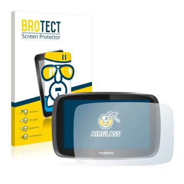 Front side of a product packaging with the brand logo BROTECT. Next to it is the device TomTom GO 5000 shown with the correspo