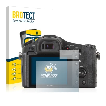 Front side of a product packaging with the brand logo BROTECT. Next to it is the device Sony Cyber-Shot DSC-RX10 shown with th