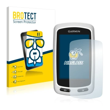 Front side of a product packaging with the brand logo BROTECT. Next to it is the device Garmin Edge Touring Plus shown with th