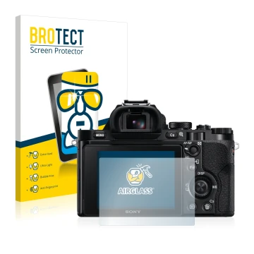 Front side of a product packaging with the brand logo BROTECT. Next to it is the device Sony Alpha 7R (ILCE-7R) shown with the