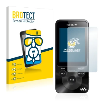 Front side of a product packaging with the brand logo BROTECT. Next to it is the device Sony Walkman NWZ-E585 shown with the c