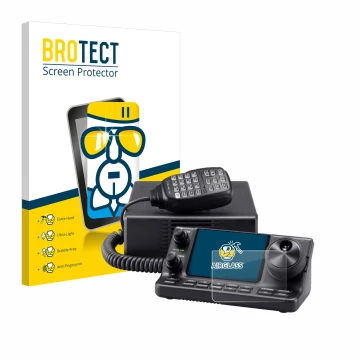 Front side of a product packaging with the brand logo BROTECT. Next to it is the device Icom IC-7100 shown with the correspond