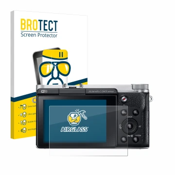Front side of a product packaging with the brand logo BROTECT. Next to it is the device Samsung NX300M shown with the correspo