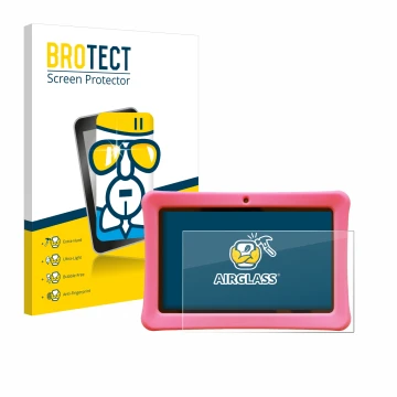 Front side of a product packaging with the brand logo BROTECT. Next to it is the device Contixo Kids 7