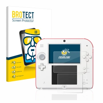Front side of a product packaging with the brand logo BROTECT. Next to it is the device Nintendo 2DS shown with the correspond