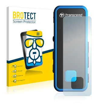 Front side of a product packaging with the brand logo BROTECT. Next to it is the device Transcend MP350 shown with the corresp