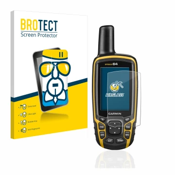 Front side of a product packaging with the brand logo BROTECT. Next to it is the device Garmin GPSMAP 64 shown with the corres