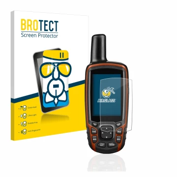 Front side of a product packaging with the brand logo BROTECT. Next to it is the device Garmin GPSMAP 64s shown with the corre
