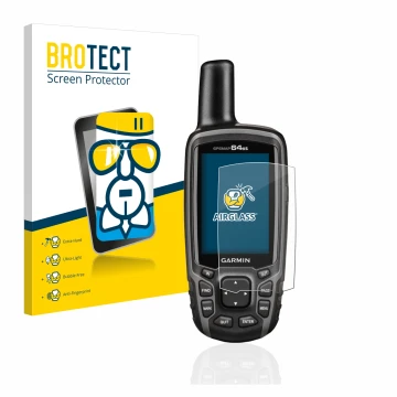 Front side of a product packaging with the brand logo BROTECT. Next to it is the device Garmin GPSMAP 64st shown with the corr