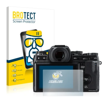 Front side of a product packaging with the brand logo BROTECT. Next to it is the device Fujifilm X-T1 shown with the correspon