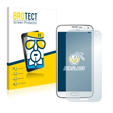 Front side of a product packaging with the brand logo BROTECT. Next to it is the device Samsung Galaxy S5 shown with the corre