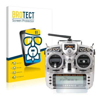 Front side of a product packaging with the brand logo BROTECT. Next to it is the device FrSky Taranis X9D shown with the corre