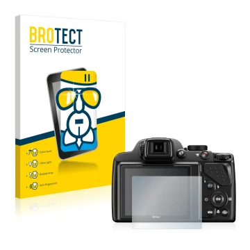 Front side of a product packaging with the brand logo BROTECT. Next to it is the device Nikon Coolpix P530 shown with the corr