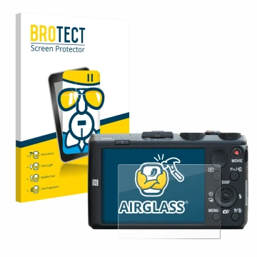 Front side of a product packaging with the brand logo BROTECT. Next to it is the device Sony Cyber-Shot DSC-HX60 shown with th