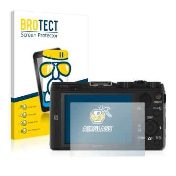 Front side of a product packaging with the brand logo BROTECT. Next to it is the device Sony Cyber-Shot DSC-HX60V shown with t