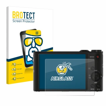 Front side of a product packaging with the brand logo BROTECT. Next to it is the device Sony Cyber-Shot DSC-WX350 shown with t