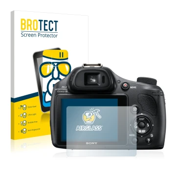 Front side of a product packaging with the brand logo BROTECT. Next to it is the device Sony Cyber-Shot DSC-HX400V shown with 