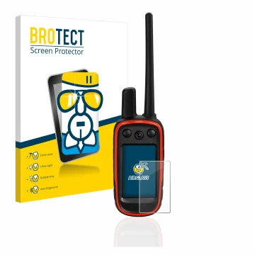 Front side of a product packaging with the brand logo BROTECT. Next to it is the device Garmin Alpha 100 shown with the corres