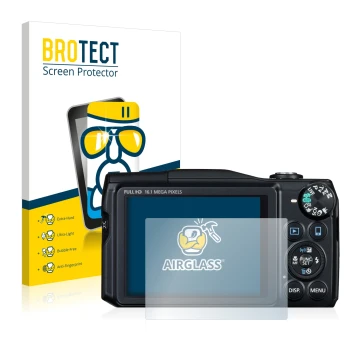 Front side of a product packaging with the brand logo BROTECT. Next to it is the device Canon PowerShot SX700 HS shown with th