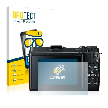 Front side of a product packaging with the brand logo BROTECT. Next to it is the device Canon PowerShot G1 X Mark II shown wit