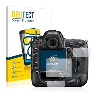 Front side of a product packaging with the brand logo BROTECT. Next to it is the device Nikon D4S shown with the corresponding