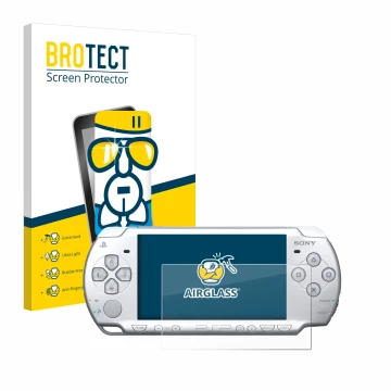 Front side of a product packaging with the brand logo BROTECT. Next to it is the device Sony PSP 2004 shown with the correspon