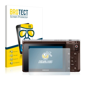 Front side of a product packaging with the brand logo BROTECT. Next to it is the device Samsung NX Mini shown with the corresp