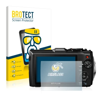Front side of a product packaging with the brand logo BROTECT. Next to it is the device Olympus Stylus Tough TG-3 shown with t