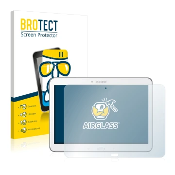 Front side of a product packaging with the brand logo BROTECT. Next to it is the device Samsung Galaxy Tab 4 10.1 SM-T530 show