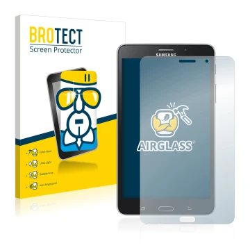 Front side of a product packaging with the brand logo BROTECT. Next to it is the device Samsung Galaxy Tab Tab 4 7.0 LTE shown