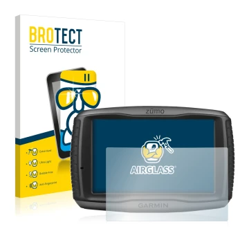 Front side of a product packaging with the brand logo BROTECT. Next to it is the device Garmin zumo 590LM shown with the corre