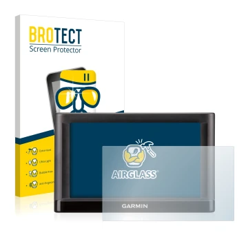 Front side of a product packaging with the brand logo BROTECT. Next to it is the device Garmin nüvi 55LT shown with the corres
