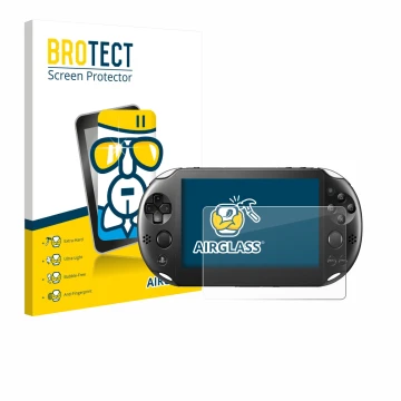 Front side of a product packaging with the brand logo BROTECT. Next to it is the device Sony Playstation PS Vita Slim shown wi
